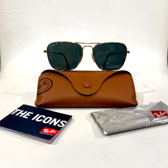 NEW Ray-Ban Caravan Gold Demigloss/Polarized G-15 Green 3N Complete With Kit - Picture 2 of 14
